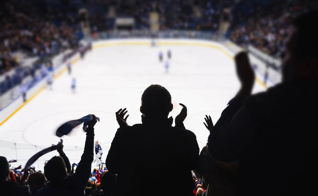 Hockey fans cheering in a hockey stadium