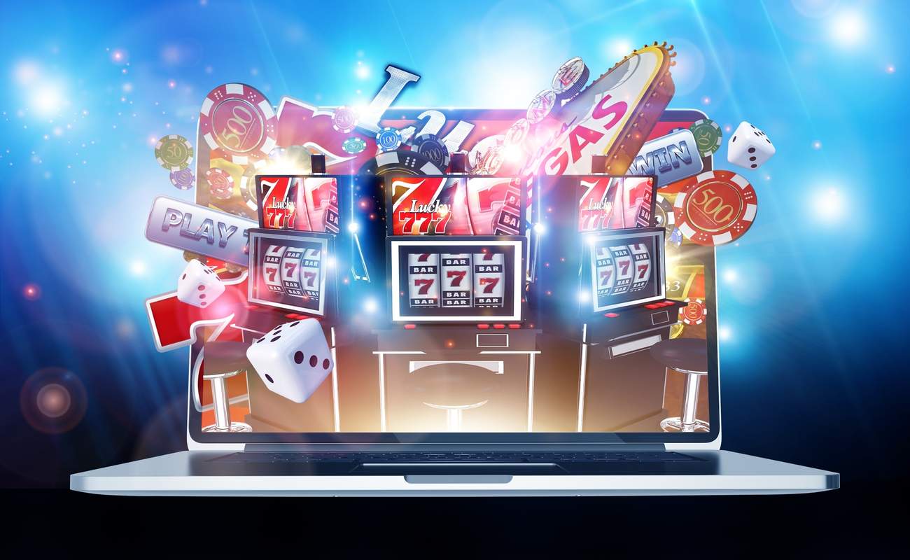 A laptop with multiple casino games popping out of the screen
