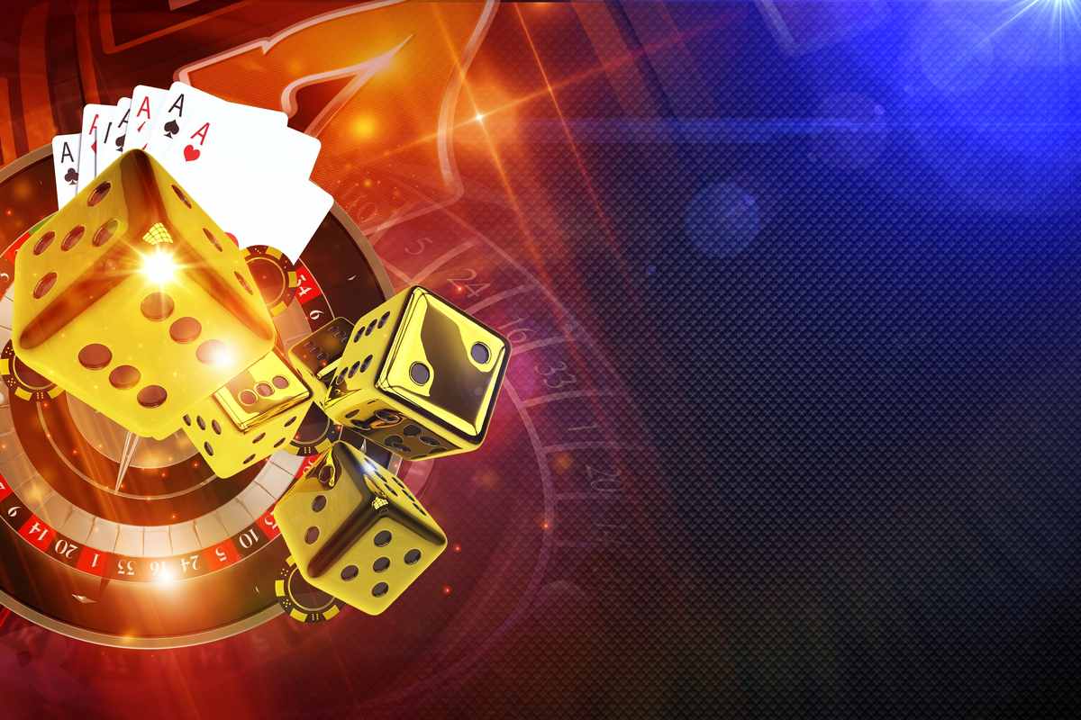 Casino graphic showing a roulette, Ace cards, gold dice, and a slots machine