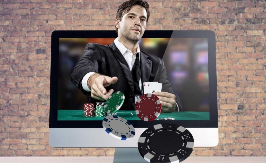 Online poker game, with the poker player coming out of the computer screen