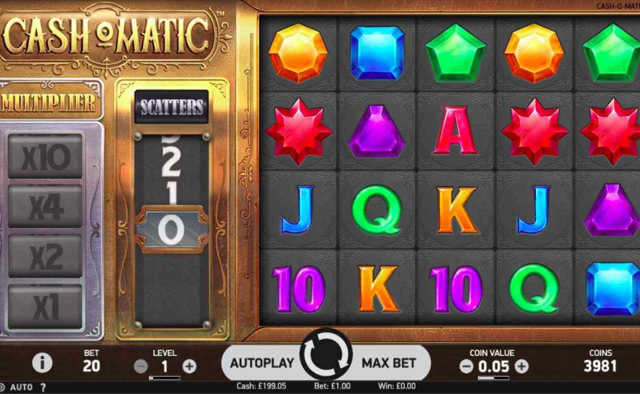 Cash O Matic slots screenshot with gemstones, letters and numbers on grey tiled reels