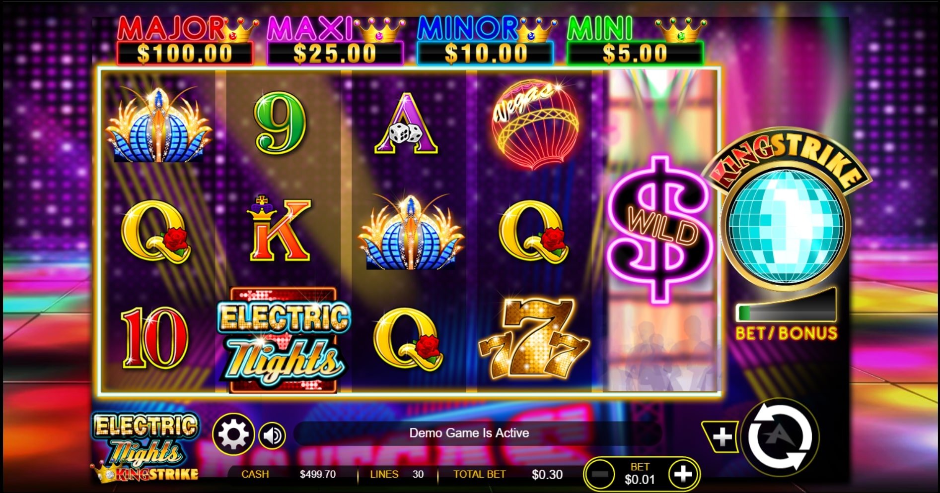 Electric Nights King Strike slot screenshot of demo game with colorful gameplay.