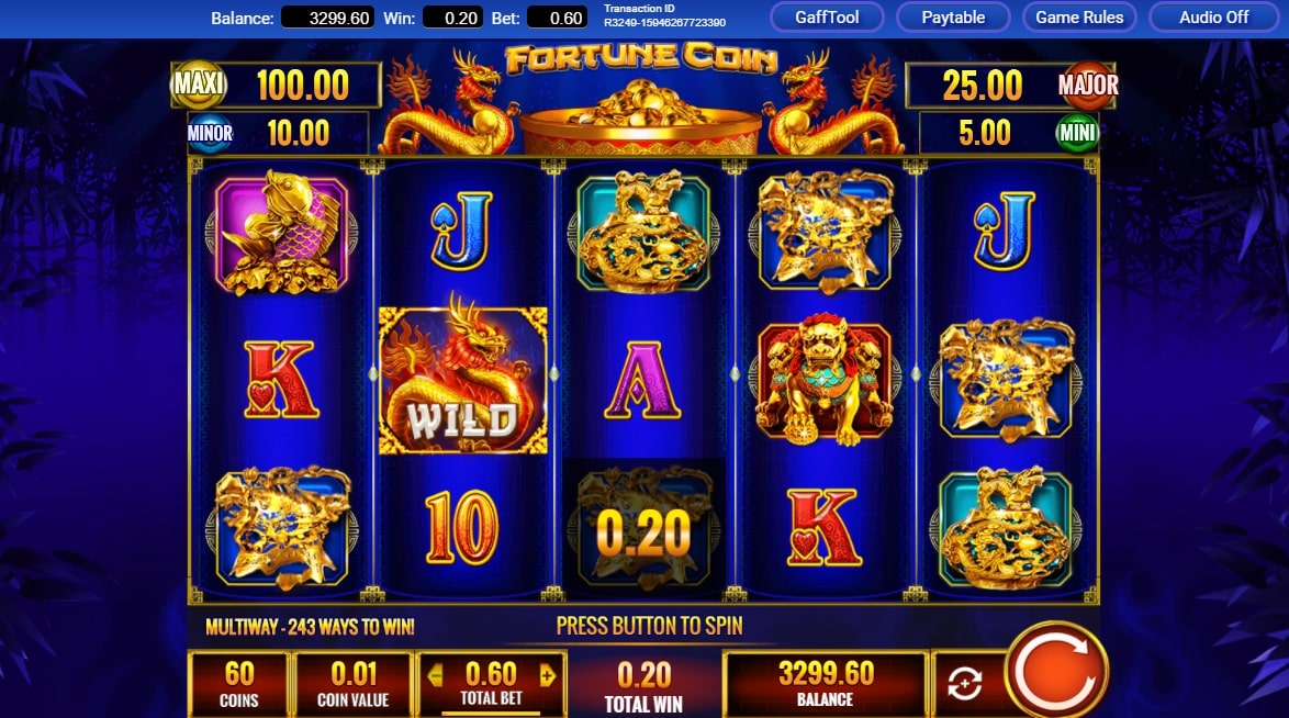 Fortune Coin slot screenshot with two golden dragons on a blue background.