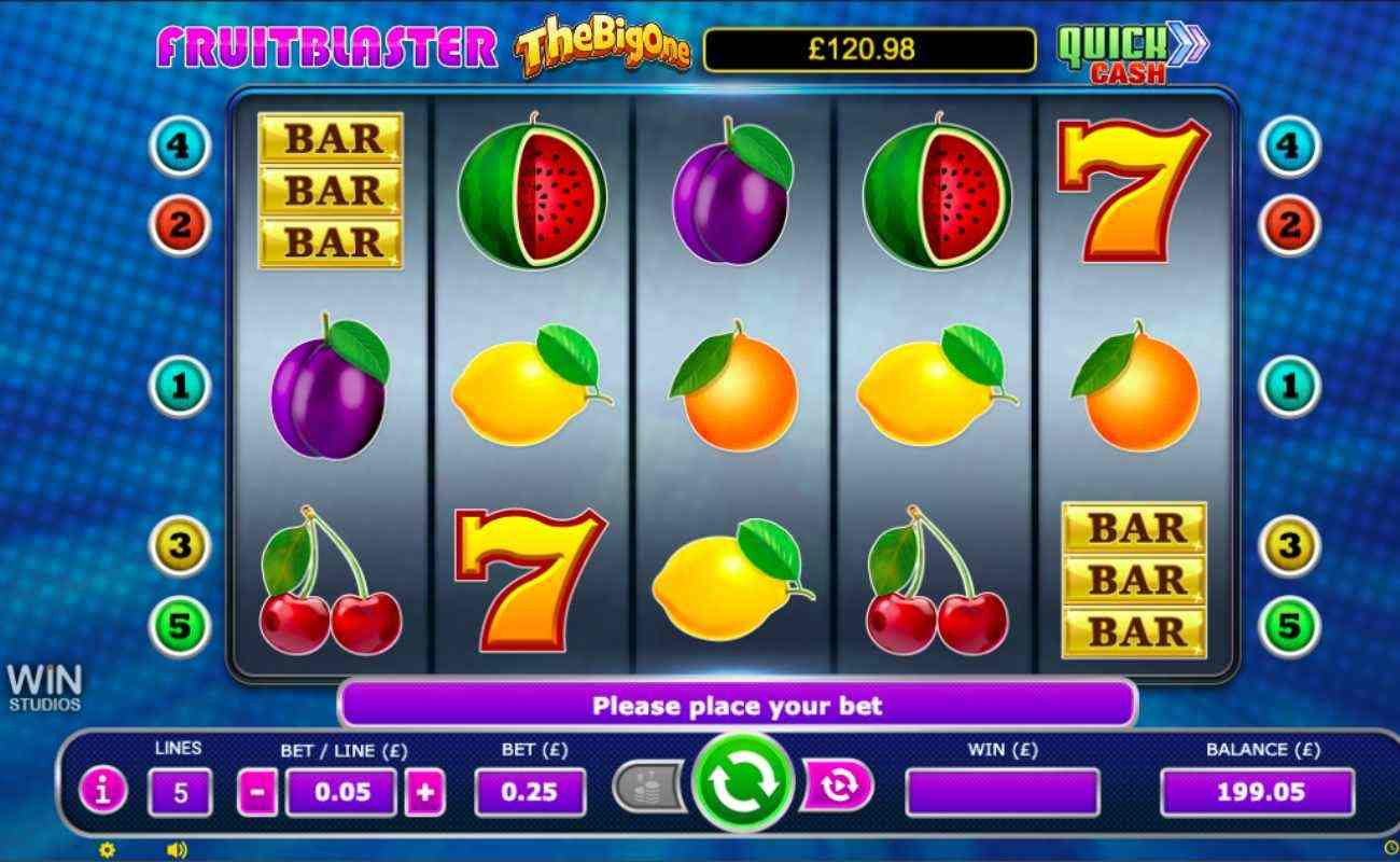 Fruit Blaster slot screenshot with bar, fruit and number 7 symbols on reels
