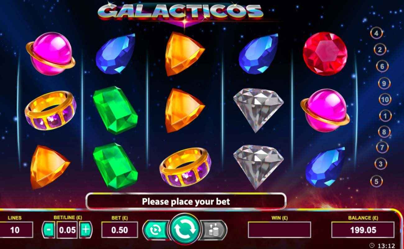 Galacticos slot screenshot with gem symbols on blue background