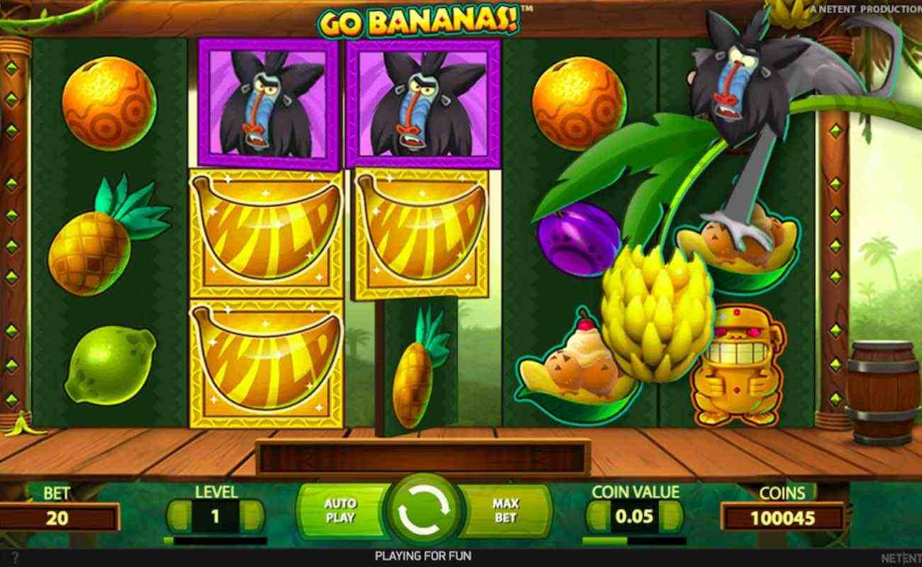 Go Bananas slot screenshot with fruit symbols and mandril
