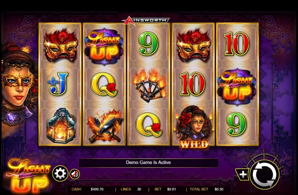 Light Em Up slot screenshot  with two 9 and two 10 and a purple background