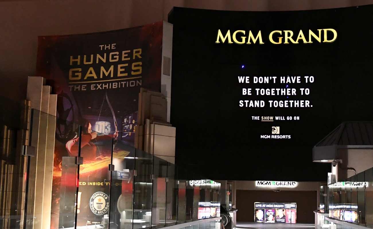 Digital sign at MGM Grand during COVID-19 pandemic closure reading “We don’t have to be together to stand together”.