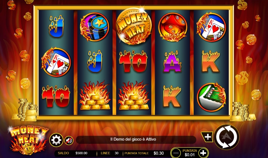 Money Heat AGT slot screenshot with flames in the background and melting characters.