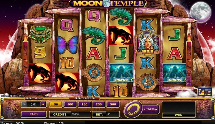 Moon Temple slot screenshot with two chameleons and various symbols  