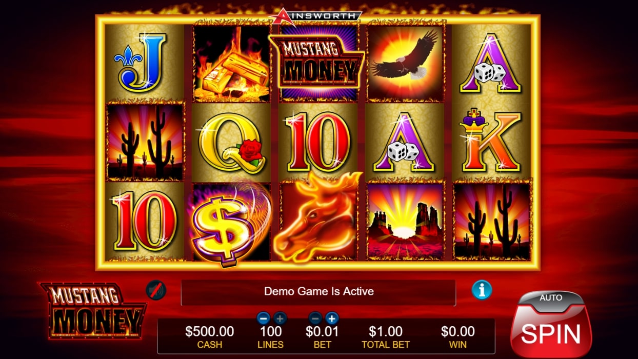 Mustang Money slot screenshot with colorful graphics, an eagle and a Mustang horse illustration