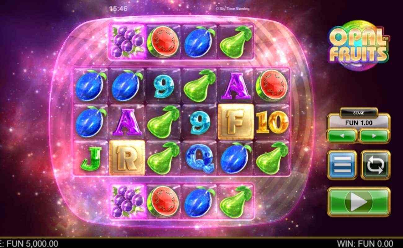 Opal Fruit slot screenshot with letters, numbers and fruit symbols on galaxy background