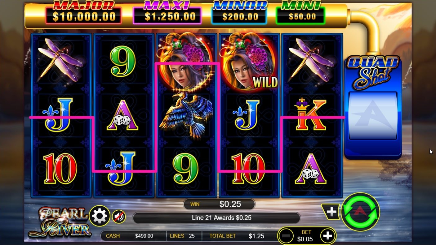 Pearl River Quad Shot slot screenshot with two dragonflies and colorful characters.