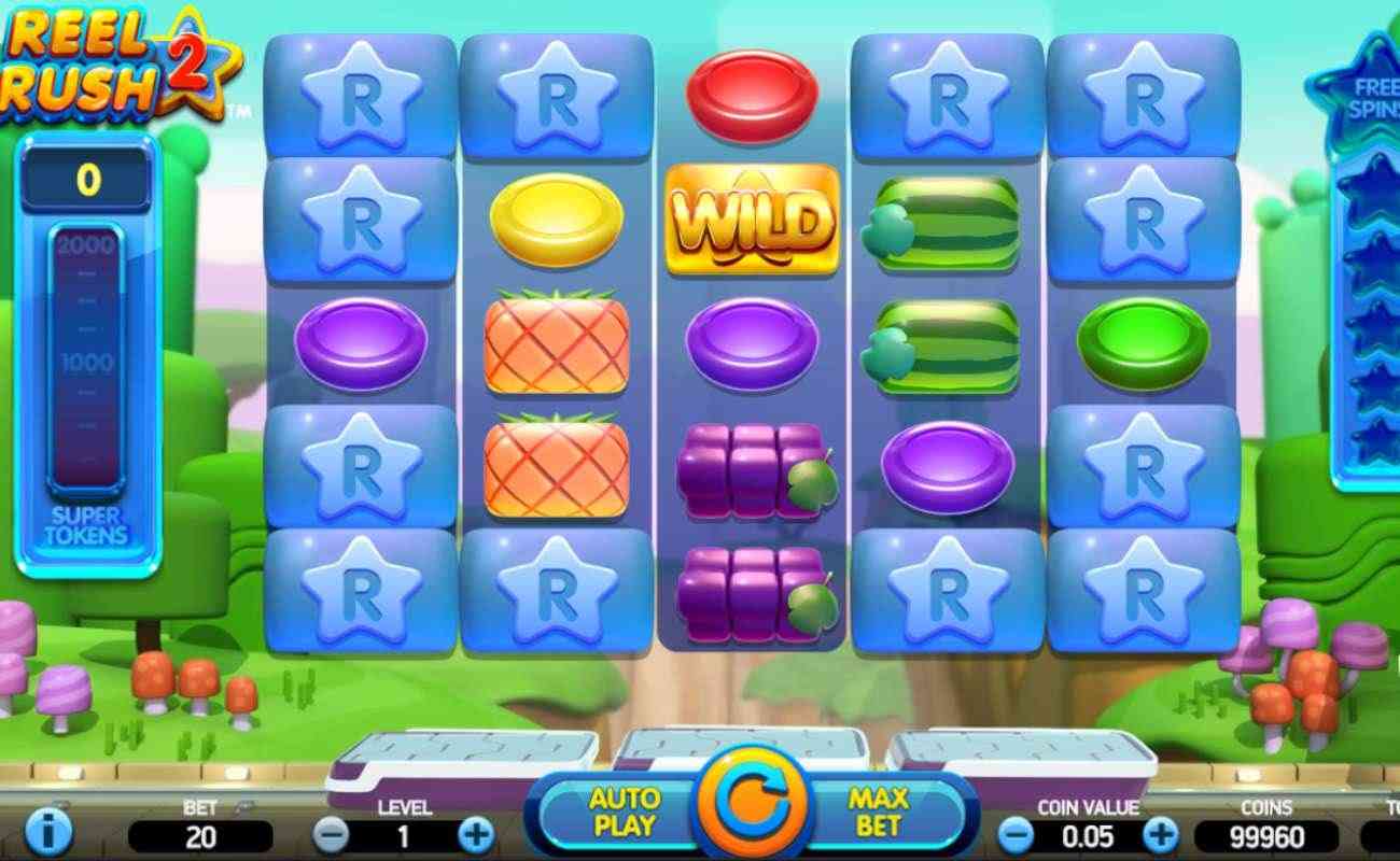 Reel Rush 2 slot screenshot with colorful symbols on blue reels