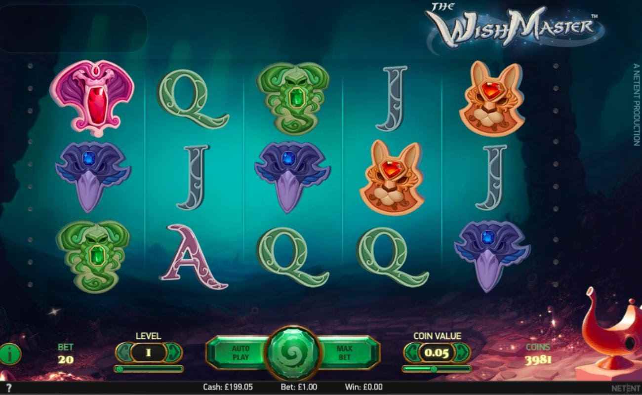The Wish Master slot screenshot with game symbols on underwater themed background