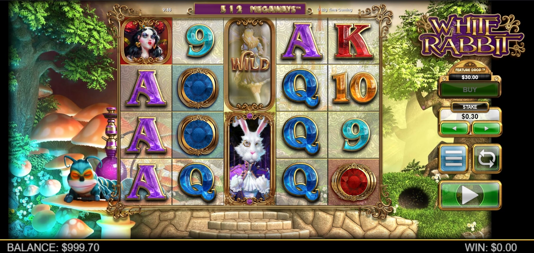 White Rabbit slot screenshot with Alice in Wonderlands characters and colorful graphics
