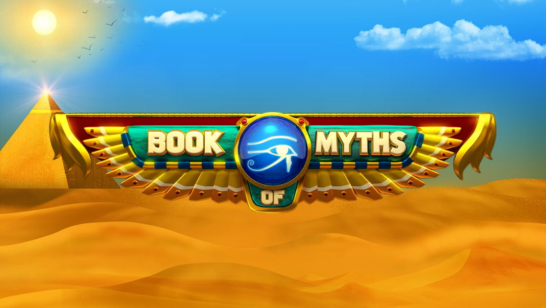 The title screen of Book of Myths. The game logo appears on a banner with bright blue detailing and a golden, winged design. In the background is a desert landscape with one pyramid. The sun is reflecting off of the tip of the pyramid.