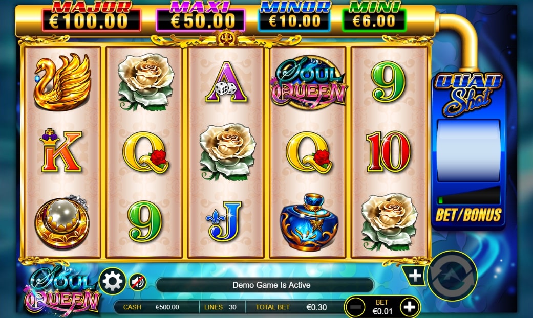 Soul Queen slot screenshot with three white roses and a blue background.