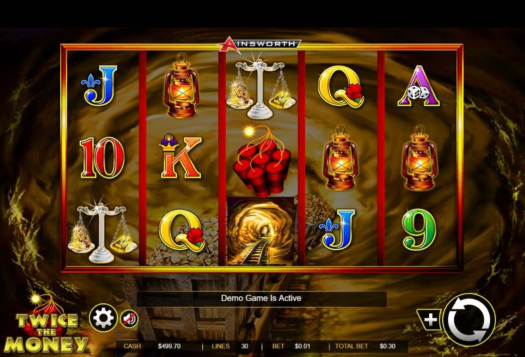 Twice the Money slot screenshot with dynamite and lanterns and a goldmine in the background  