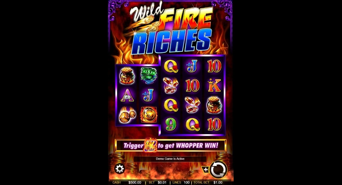 Wild Fire Riches slot screenshot with colorful graphics and flames in the background