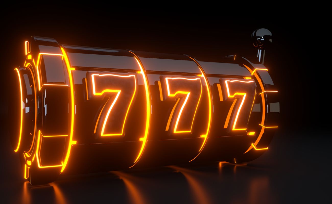 Black slots reels with orange lit up lucky number 7s