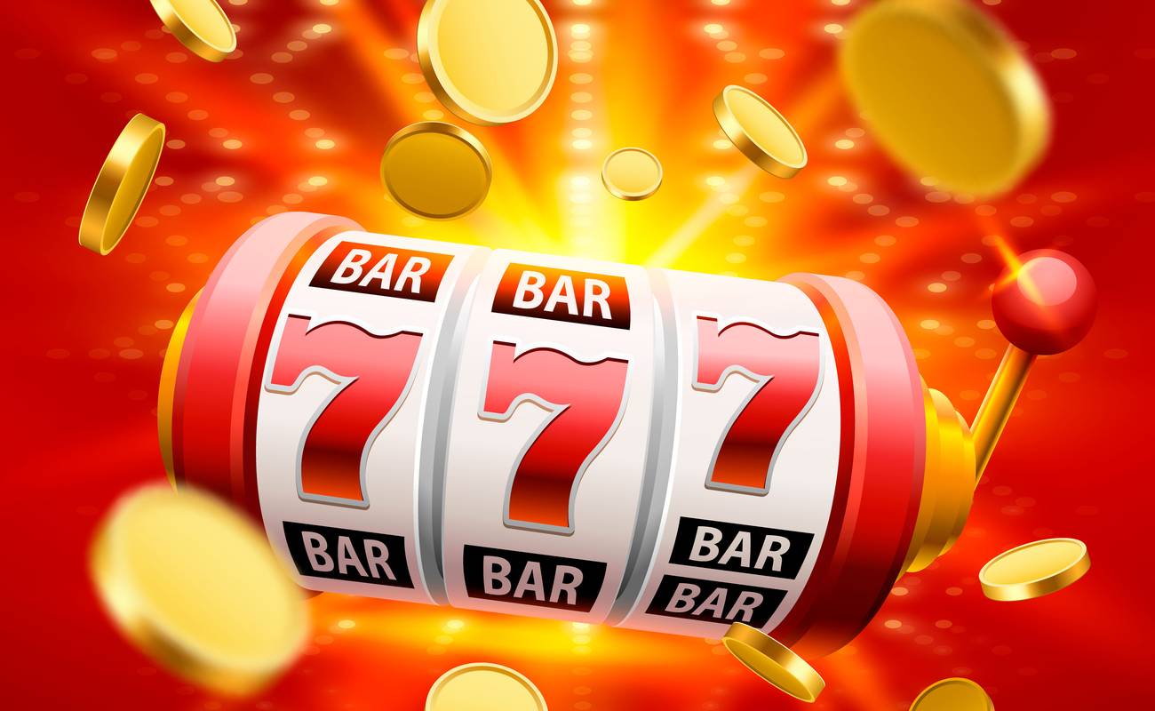 Red online slots reels with lucky number 7s and gold coins in the background