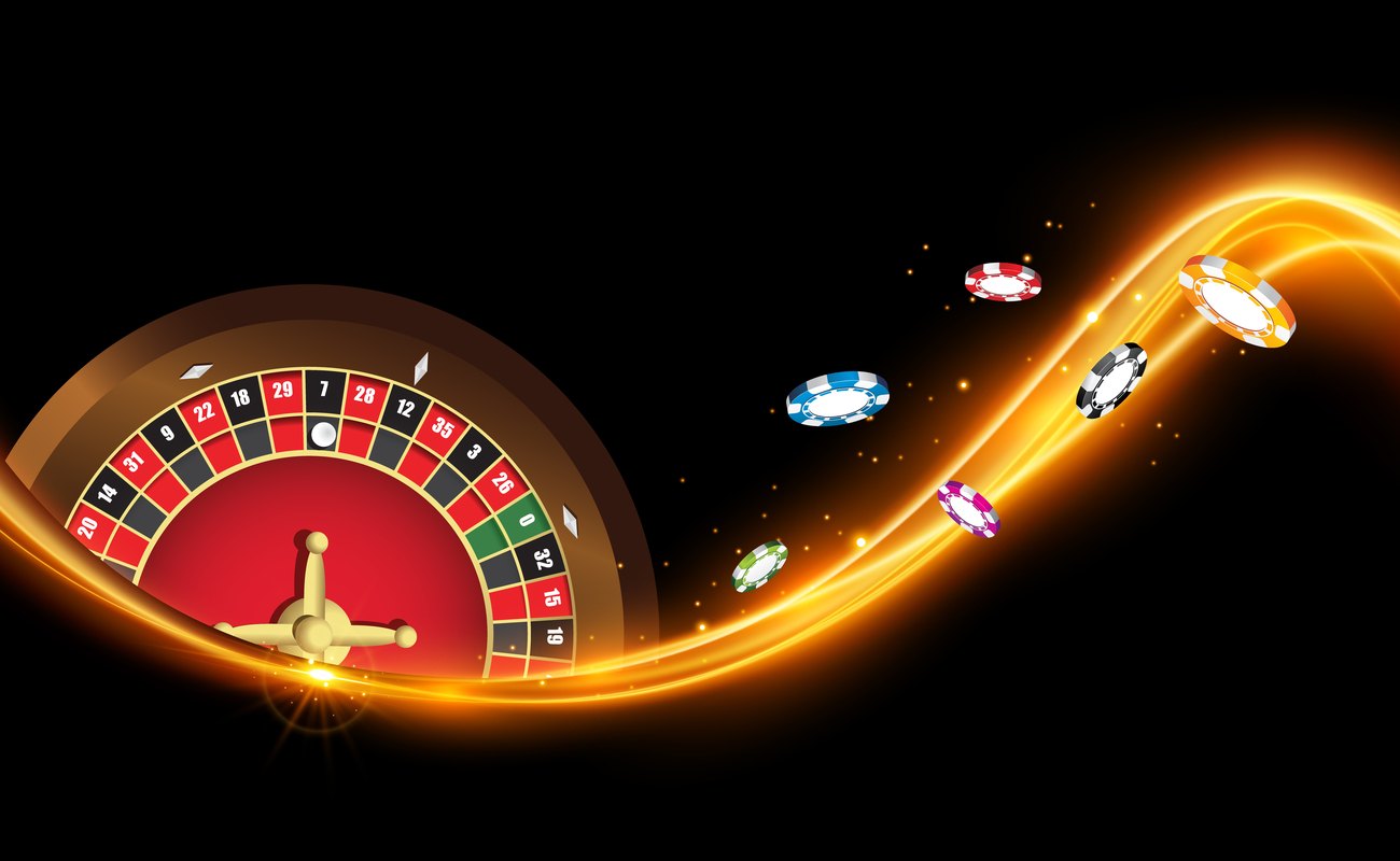 Roulette wheel with golden trail of light and gaming chips along it