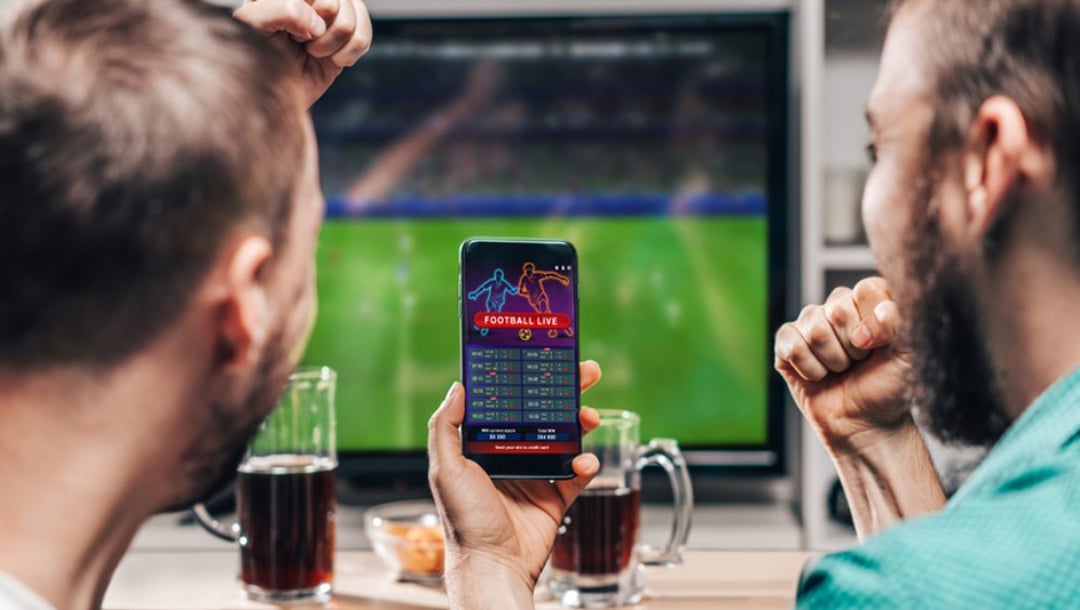 Two young bearded men celebrate online sports betting on their phones.