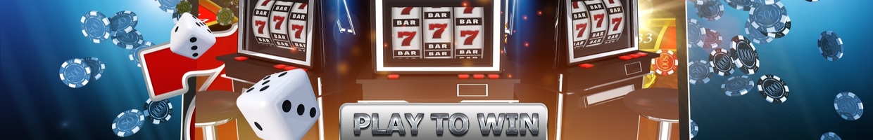Online casino games illustration showing slot machines, casino chips and dice.