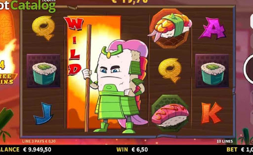 sushi samurai standing in front of the reels in the online slot game, Bushi Sushi.
