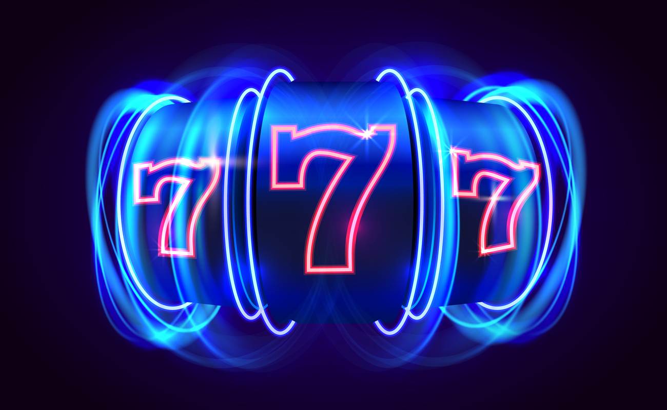Illustration of a neon slot machine with ‘777’ displayed on the reels.