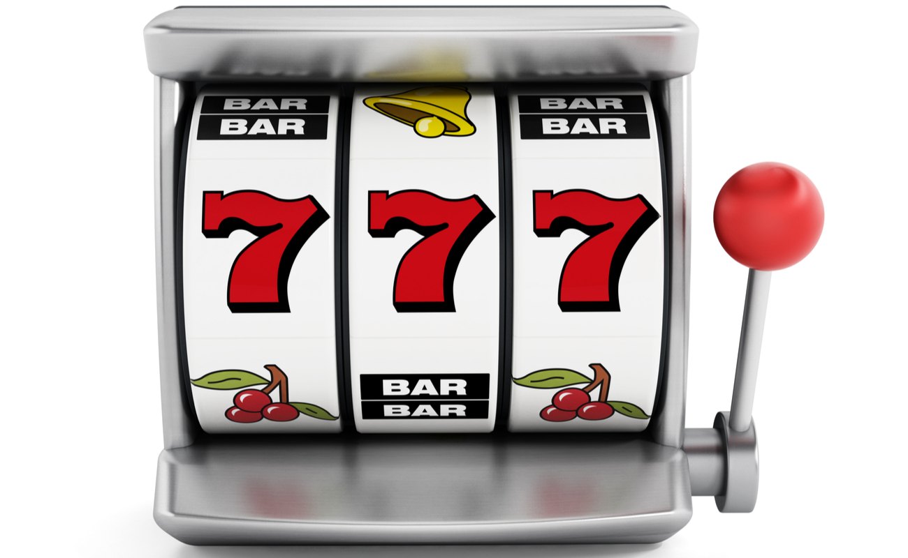 Traditional slot machine with lucky number 7s, BARs, cherries and bell symbols.