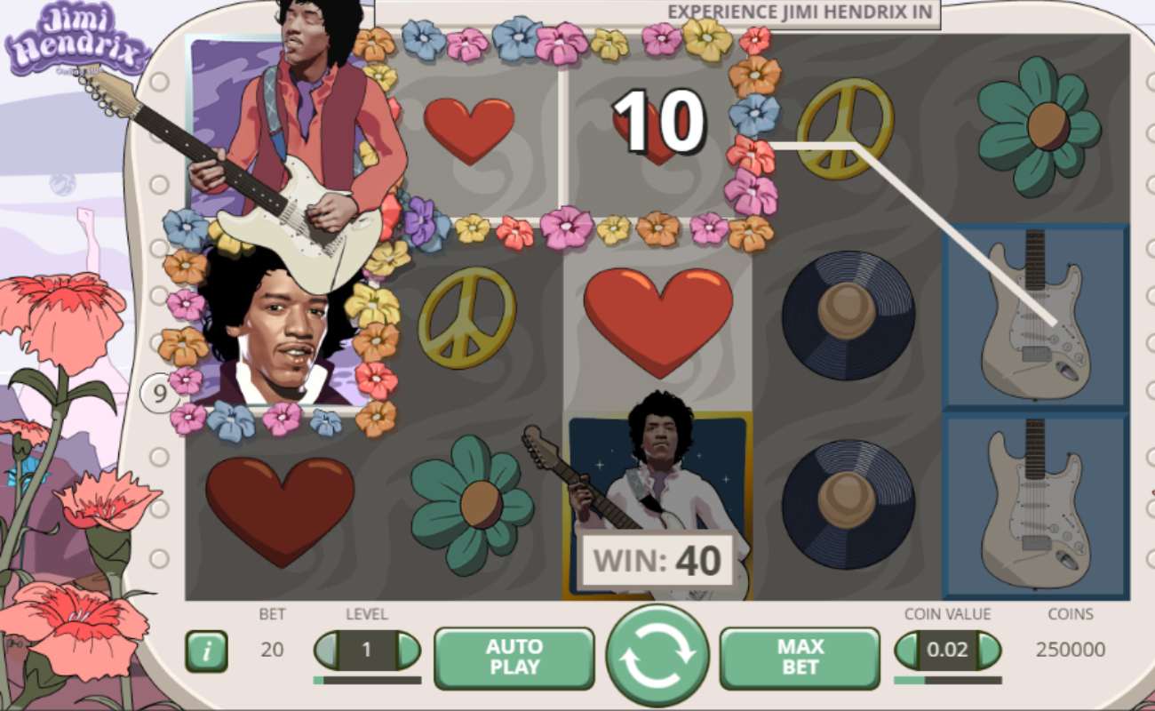 Screenshot of the reels showing a win in the Jimi Hendrix online slot by NetEnt.