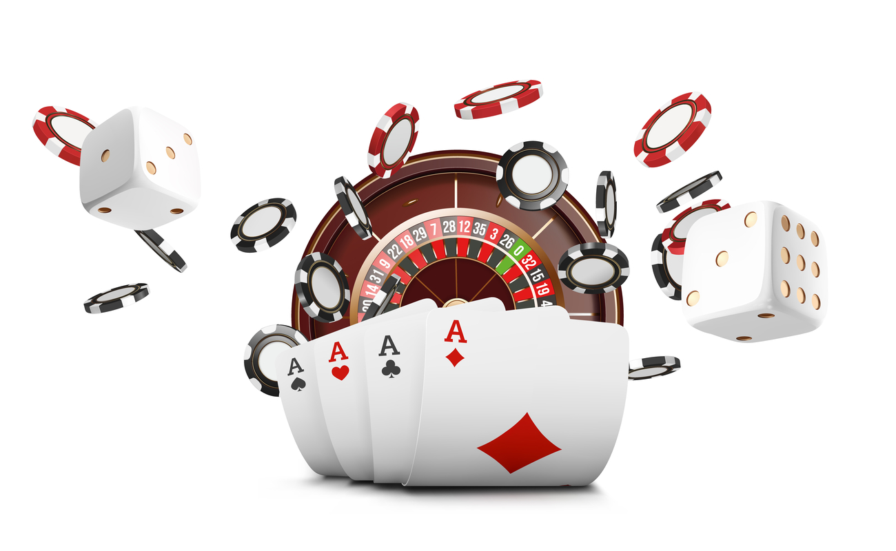 Cards, gambling chips and a roulette wheel against a white background.