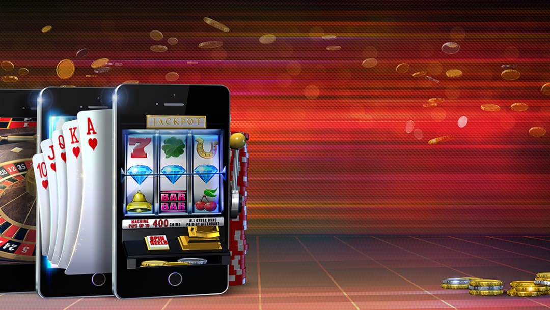 Three black smartphones with casino games on the screen. There are gold and silver coins on a digital background. The background is red and gold.