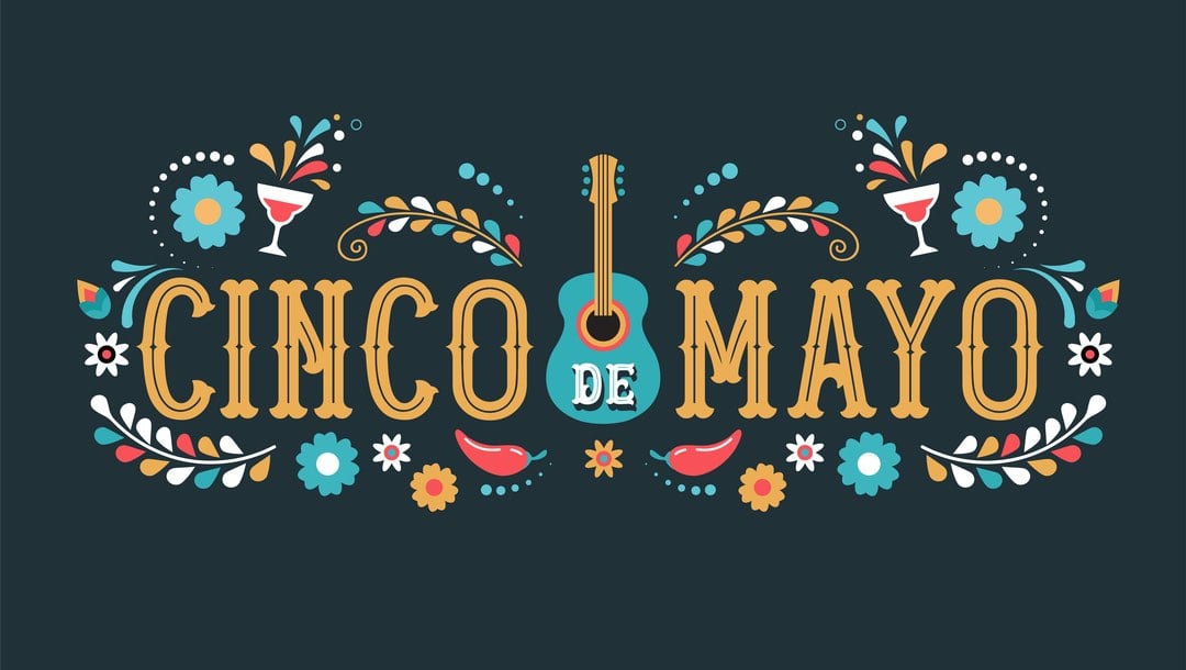 A banner for Cinco de Mayo with a guitar, chilies, and other Mexican symbols.