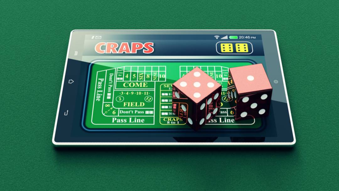 A tablet device with a craps game and dice on it.