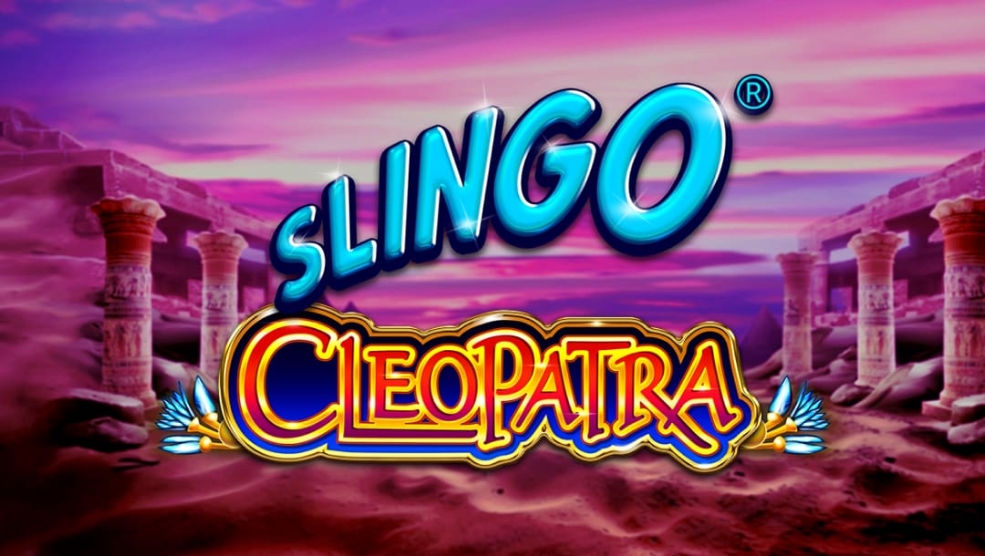 Slingo Cleopatra online slot game logo in blue, red, and gold. The background shows an Egyptian landscape in the desert.