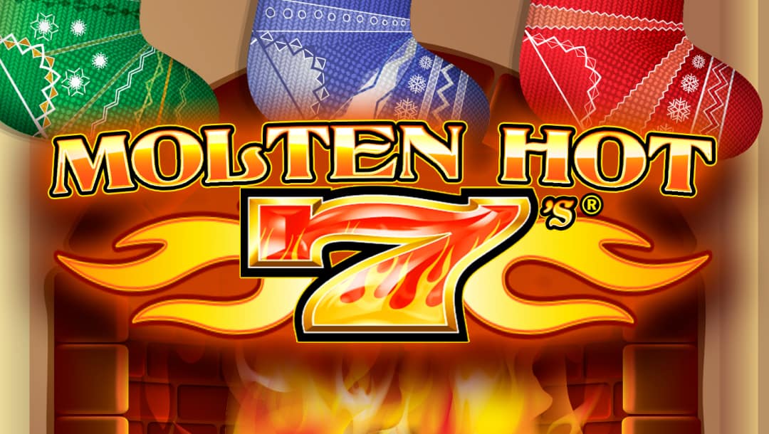 The Molten Hot 7s online slot game loading screen featuring the game logo, with a fireplace decked with Christmas stockings in the background.