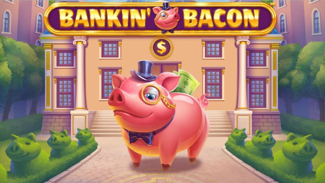 The title screen of the Bankin’ Bacon Jackpot Royale online slot by Blueprint Gaming.