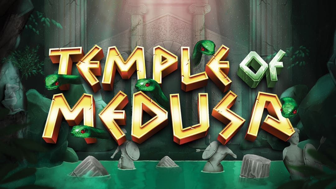 The Temple of Medusa online slot game loading screen featuring the game logo, green snakes, and broken statues in the background.