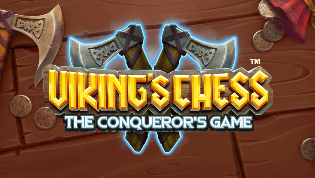 The Viking’s Chess – The Conqueror’s Game online slot game loading screen featuring the game logo, with some coins and an ax lying on a wooden floor in the background.