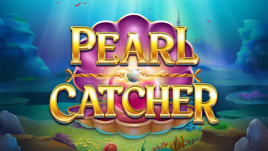 The Pearl Catcher title screen. The backdrop is a beautiful underwater setting with rocky outcroppings and fish swimming around. In the foreground is an open giant clam with a beautiful pearl inside it. The title “Pearl Catcher” is in front of the clam in a classic fantasy-style gold font.