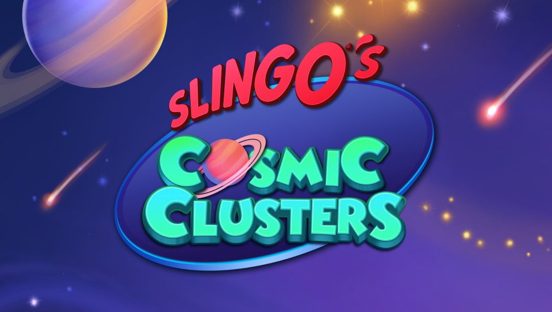 The loading screen of the Slingo’s Cosmic Clusters online slot game featuring the game logo, with stars and planets in the background.