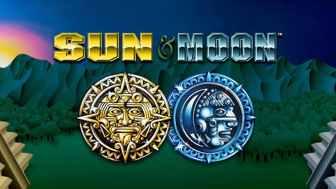 The Sun & Moon online slot game loading screen featuring the game logo with a Mayan sun and moon, with mountain ranges in the background.