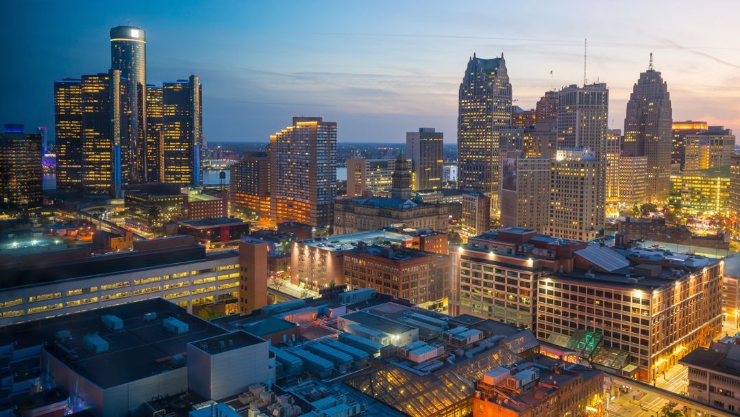 The Detroit skyline at twilight.