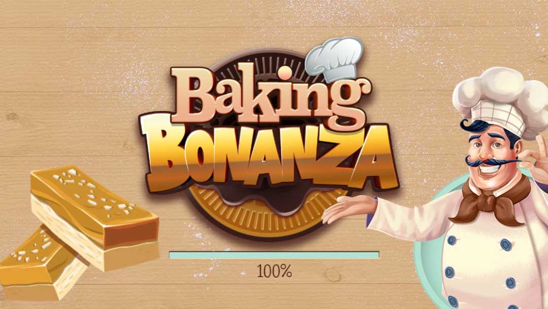 Screenshot of Baking Bonanza online slot game loading screen, showing the games logo, a baker, and some baked treats.