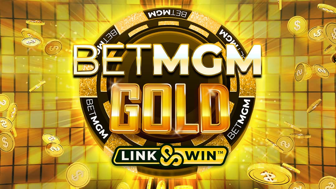 BetMGM Gold Casino online slot logo in gold, black and white. The background displays gold coins and a tiled gold wall.