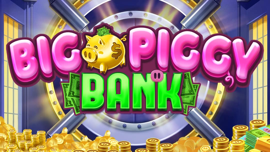 Big Piggy Bank online slot logo in green and purple with a gold piggy bank. There are gold coins below the logo. The background contains a bank vault and large windows.