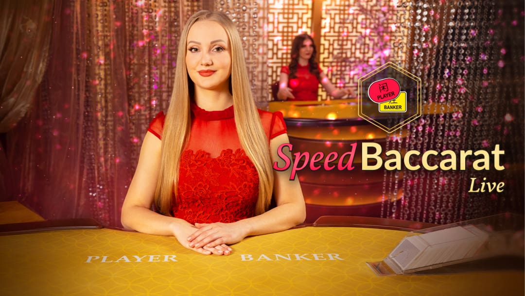 The title screen for Speed Baccarat, featuring the game logo with a beautiful live dealer in the background who sitting at a baccarat table in a red dress.